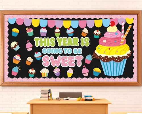 ZOIIWA Decoración de tablón de anuncios de cumpleaños para cupcakes, primavera, verano, colorido, cupcake, aula, tablón de anuncios, recortes de