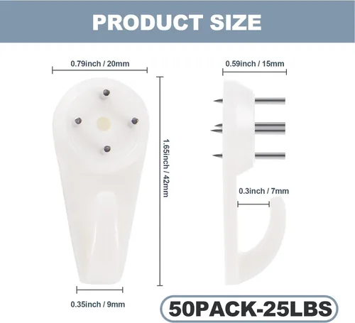Miniatura 2 de Kit de 50 piezas para colgar cuadros, ganchos de servicio pesado para estuco/concreto/paredes duras sin perforar, clavo invisible y carga
