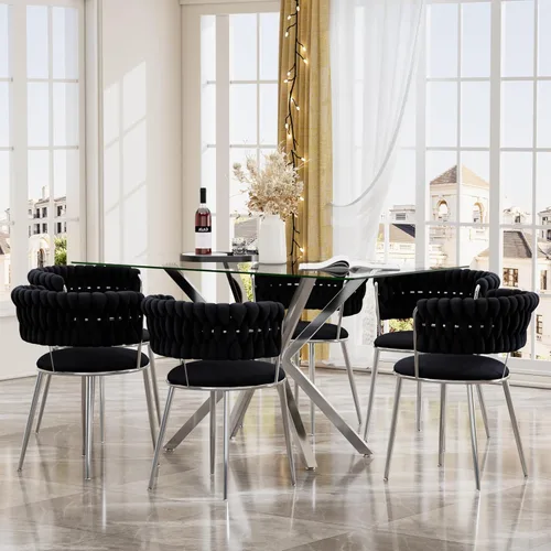 Miniatura 24 de Juego de mesa de comedor de cristal negro de 47 pulgadas para 4, juego de mesa de cocina minimalista moderno y 4 sillas de comedor de terciopelo