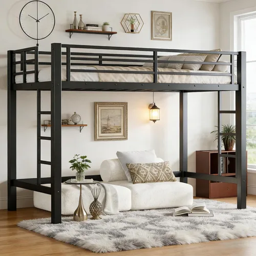 Miniatura 13 de Cama alta individual con escaleras, cama alta de metal individual con tapones antivibraciones y reducción de ruido, cama alta resistente