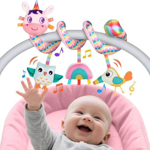 Miniatura 10 de Juguete de actividad en espiral para asiento de automóvil, arco de cochecito de bebé, juguete colgante con sonajero, chirriante, campana de timbre