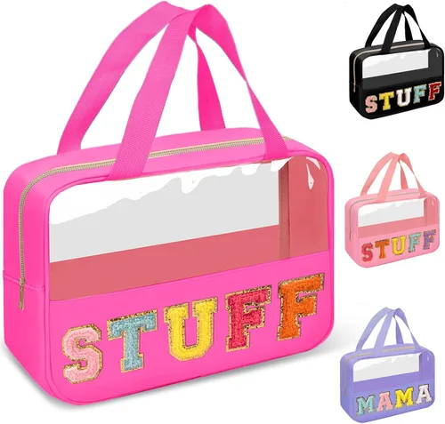 Miniatura 14 de izuzta Bolsas de maquillaje transparentes tipo tote con letras de chenilla, bolsa de maquillaje preppy con asa, Moda
