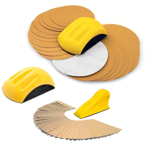 Peachtree Woodworking Supply Ratón de lijado y kit de lijado de detalles con paquete surtido de papel de lija, 20 discos de lijado, 50 tiras de