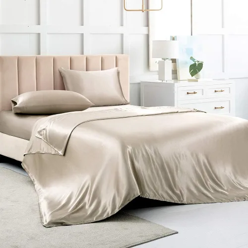 Miniatura 14 de Juego de sábanas de satén tamaño completo, sábanas de seda gris, juego de ropa de cama suave de 4 piezas con 1 sábana bajera con bolsillo profundo