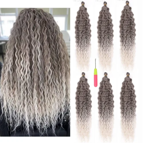 Miniatura 12 de MAYSA Extensiones de cabello sintético de ganchillo con ondas oceánicas, color 4 marrón, 22 pulgadas, rizado trenzado, extensiones de cabello