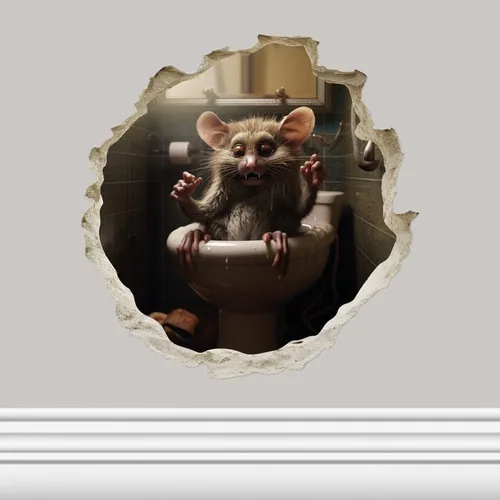 Miniatura 8 de Mouse de fútbol en el inodoro en el agujero del ratón, calcomanía de pared 3D, decoración del hogar de dibujos animados, arte de vinilo, estantería