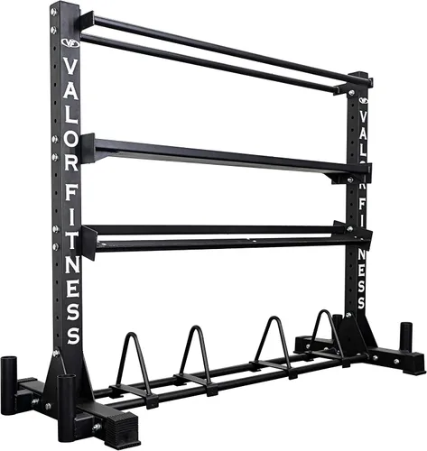 Valor Fitness Estante de almacenamiento de equipo de gimnasio de 4 niveles resistente – Organiza pesas rusas, mancuernas, pelotas medicinales,