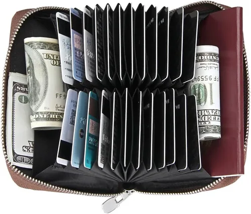 Miniatura 27 de boshiho Cartera con bloqueo RFID de 24 ranuras para tarjetas de crédito, de piel auténtica, organizador de múltiples tarjetas, con cremallera