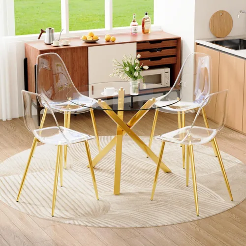 Miniatura 47 de Juego de mesa de comedor redonda para 6, juego de mesa de comedor de vidrio de 39 pulgadas con base de metal ajustable dorada en forma de X y 6