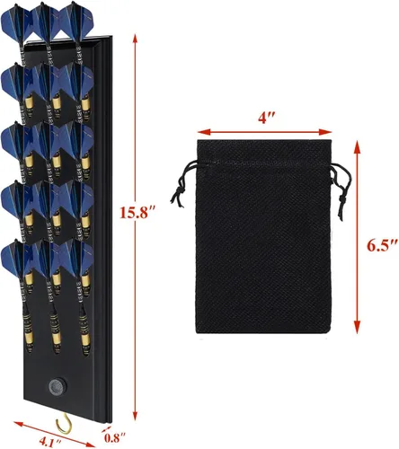 Miniatura 3 de FDLS Soporte para dardos montado en la pared para 12 o 15 dardos de acero y punta suave, organizador de dardos para pared con gancho de metal, bolsa