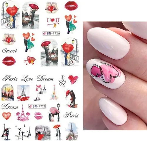 Miniatura 6 de TBRZTR 12 hojas de calcomanías de uñas para el día de San Valentín, diseño de torre de amor, diseño de paraguas, calcomanías de transferencia