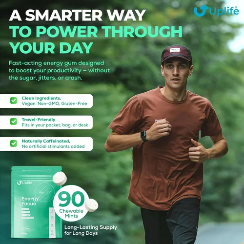 Miniatura 2 de UPLIFE Focus and Energy Mints - 120 unidades – Hecho en Estados Unidos – Goma de mascar de cafeína natural nootrópica de acción rápida de 40 mg