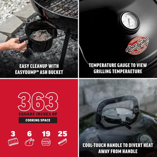 Miniatura 4 de Char-Griller CG30040725 Parrilla de Carbón Tipo Kettle de 22 pulgadas y Ahumador - Acero, Negro - 363 pulgadas cuadradas de Área de Cocción