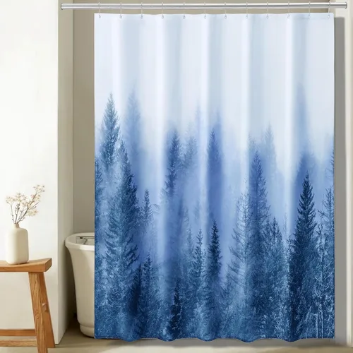 Miniatura 11 de ORTIGIA 36x72 Cortina de ducha de bosque nebuloso para baño pequeño, cortina de ducha estrecha de naturaleza y bosque en blanco y negro con ganchos