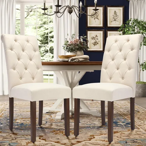 Miniatura 2 de Juego de 2 sillas de comedor capitoné, sillas de comedor Parsons tapizadas, sillas auxiliares de cocina de tela con patas de madera, beige
