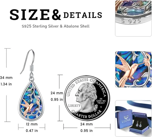Miniatura 86 de Aretes colgantes de plata de ley con diseño de árbol de la vida, flor, abeja, animales, gato, colibrí, piedra lunar, turquesa, aretes con cierre