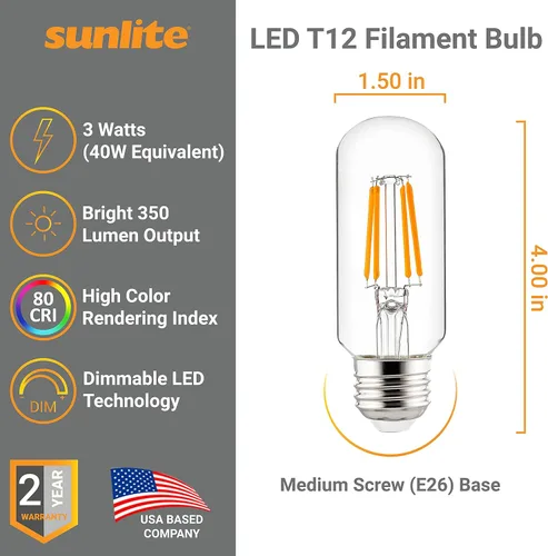 Miniatura 2 de Sunlite Bombilla tubular de filamento LED T12, 3 vatios (equivalente a 40 W), 350 lúmenes, certificación ETL, 3.937 in, base E26 media, regulable