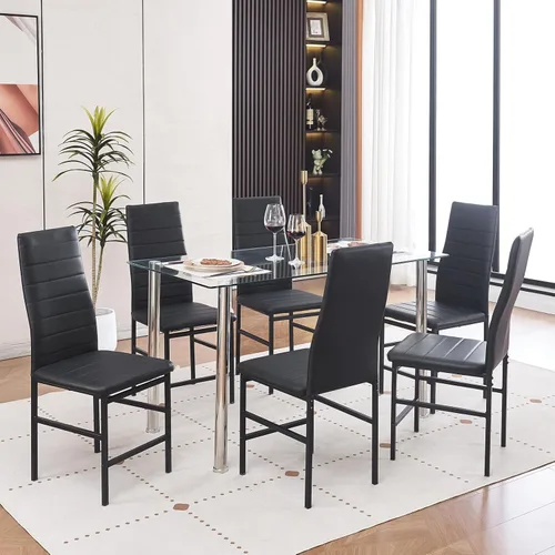 Miniatura 2 de Juego de mesa y silla de comedor de 7 piezas, juego de mesa de comedor para 6 mesas de cocina con 6 sillas, mesa rectangular de vidrio con 6 sillas