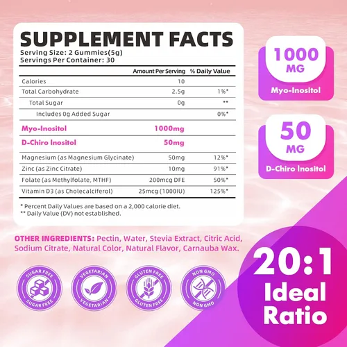 Miniatura 2 de softbear Suplemento de inositol para mujeres, gomitas de mio-inositol y D-Chiro inositol de 1000 mg con vitamina D3 para apoyo POCS y bienestar