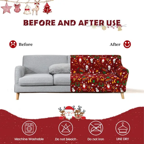 Miniatura 3 de Anibedding - Funda estampada de Navidad roja para sofá de 2 cojines, funda elástica con renos y copos de nieve para sofá, funda de sofá lavable a
