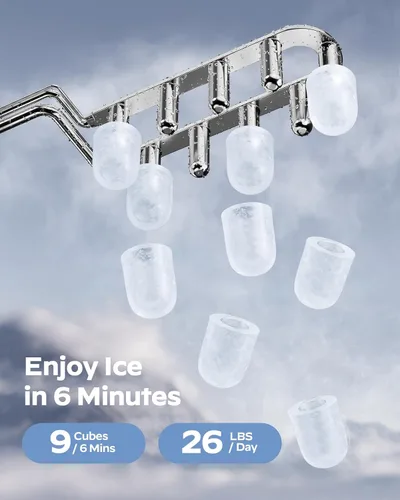 Miniatura 2 de HOMEZAY Encimera para hacer hielo, 9 cubos listos en 6 minutos, 26 libras por día, máquina de hielo con 2 tamaños de hielo y autolimpieza, máquina