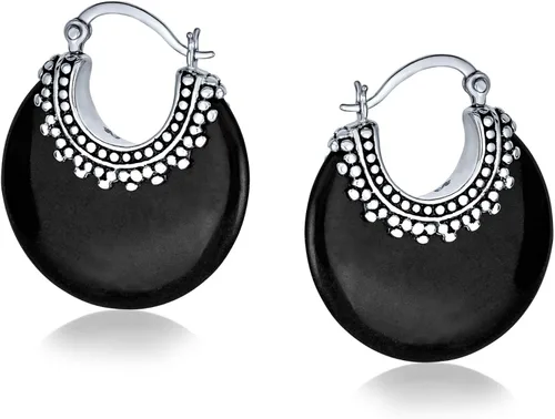 Miniatura 3 de Aretes de aro redondos de media luna con forma de ónix, turquesa y lapislázuli, estilo tribal occidental, para mujer, cuentas de caviar, milgrain