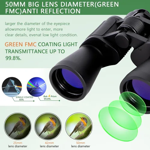 Miniatura 5 de Binoculares de 20 x 50 – Prismáticos compactos profesionales de alta definición de alto aumento para observación de aves, caza y actividades al aire