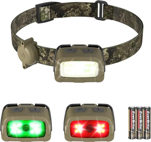 Linterna frontal EverBrite, lámpara de cabeza de 300 lúmenes para adultos, 7 modos con luz blanca/roja/verde, faro LED ajustable 30° para camping,