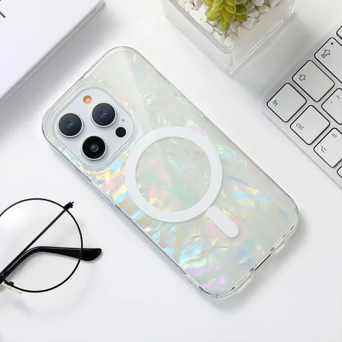 Miniatura 9 de Funda MagSafe para iPhone 15 Pro para mujeres y niñas, funda magnética iridiscente con purpurina iridiscente de ópalo perlado