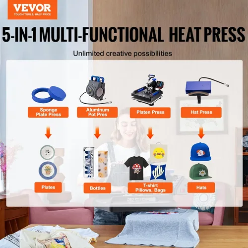 Miniatura 2 de VEVOR - Prensa de calor 5 en 1, máquina de prensa de calor de 15 x 15 pulgadas con prensa para tarros, prensa para sombreros, control digital