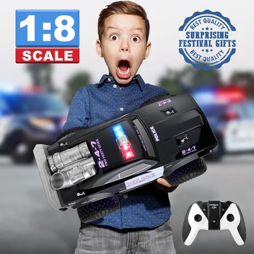 Miniatura 7 de Carox Coche de policía grande a control remoto con luces y sirenas para niños 1:8 coche policía con tres baterías recargables duradero RC camión