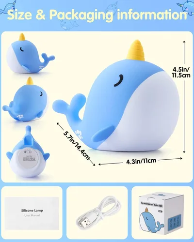 Miniatura 8 de Fuloon Narwhal - Luz nocturna con forma de ballena, lámpara de silicona blanda para niños, control táctil seguro y relajante para niños y bebés