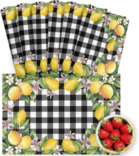 Miniatura 18 de Juego de 4 manteles individuales de verano con diseño de limón, lavables, de PVC, color negro y blanco, a cuadros amarillos, manteles individuales