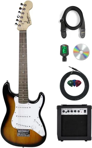 Fender Squier - Guitarra eléctrica de tamaño 3/4 para niños, paquete con amplificador, cable, sintonizador, correa, púas, lecciones en línea y DVD