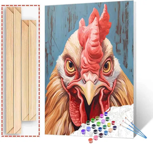 Tucocoo Pintura acrílica de pollo de granja por números, pintura acrílica, lienzo para decoración de cocina, divertido kit de pintura de gallo de 16