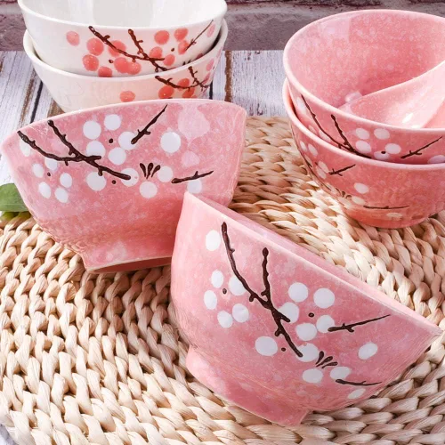 Miniatura 3 de Juego de 4 cuencos de arroz japoneses – Juego de 4 cuencos de cerámica de ciruela rosa pintados a mano para postres y sopa de cereales