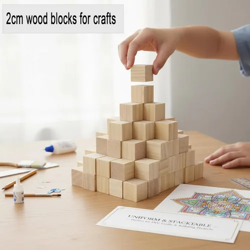 Miniatura 4 de Bloques de madera para manualidades, cubos de madera sin terminar, bloques de madera natural de 0.8 in, paquete de 80 bloques cuadrados de madera