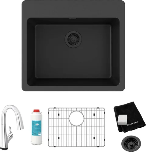 Elkay Quartz Classic - Kit de fregadero de 25 x 22 x 9-1/2 pulgadas, con grifo filtrado, color negro