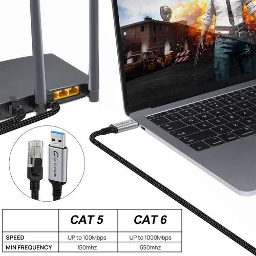 Miniatura 5 de Cable USB a Ethernet de 3.3 pies, USB 3.0 A a RJ45 macho de nailon, Gigabit conectado directamente, compatible con laptop, PC de escritorio, Switch