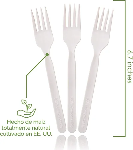 Miniatura 3 de Tenedores 100% compostables - 140 tenedores grandes desechables (17.8 cm) Ecológicos, duraderos y resistentes al calor, alternativa a los tenedores