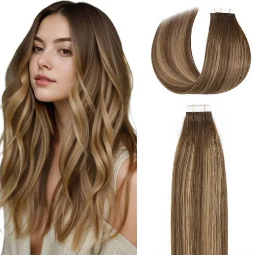 Miniatura 27 de Lacer Extensiones de cabello humano Remy con cinta, 20 piezas, 1.76 oz, extensiones de cabello humano con cinta color marrón chocolate a rubio
