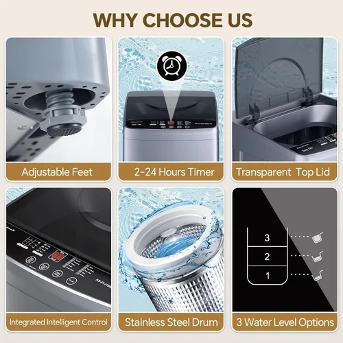 Miniatura 7 de NEWBULIG Lavadora portátil de 1.06 pies cúbicos, capacidad de 7.7 libras, lavadora compacta completamente automática con 10 ciclos de lavado
