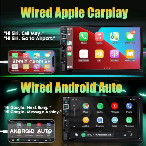 Miniatura 2 de Estéreo de auto doble DIN con CarPlay inalámbrico y Android Auto, radio de coche HD de 7 pulgadas con Bluetooth, entrada USB/SD/AUX, FM, SWC