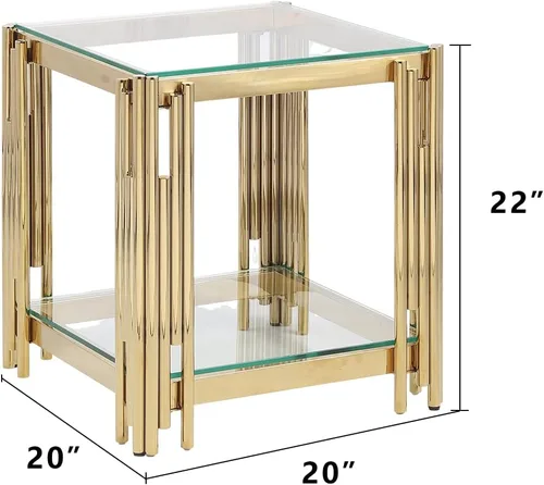 Miniatura 2 de Mesa auxiliar de cristal de 20 pulgadas, mesa de centro dorada para sala de estar, mesa auxiliar ancha de vidrio cuadrada, mesa auxiliar con 2