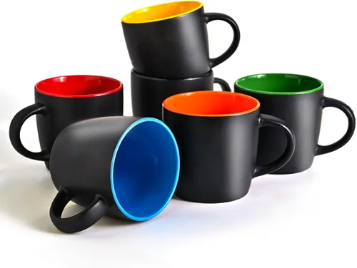 BYCNZB Juego de tazas de café de cerámica de 11 onzas, tazas de porcelana negra mate, varios colores, tazas para café, té, jugo, cacao, juego de 6