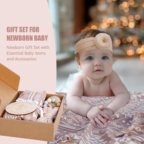 Miniatura 3 de Set de regalo para niña – 5 piezas para baby shower con manta de muselina para envolver, mordedor de madera, diademas y tarjeta de hito de Hello