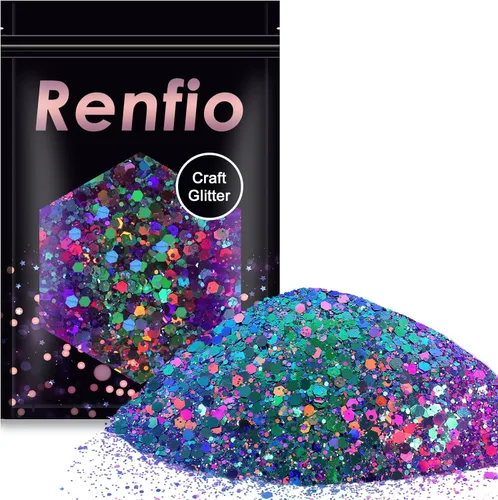Renfio - Purpurina camaleón gruesa, cambio de color en polvo fino 1.75 oz (50 g), copos PET, purpurina en colores morado, verde y naranja, Fiesta