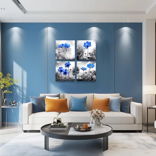 Miniatura 3 de Arte de pared para dormitorio, flor azul cian en blanco y negro, decoración de pared para decoración del hogar, pintura de arte de 12 x 12 pulgadas