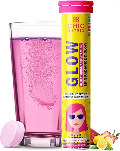 Glow | Glutatión japonés 500 mg y vitamina C para el cuidado de la piel | Piel radiante y radiante - 20 tabletas efervescentes | Sabor Fresa y Limón