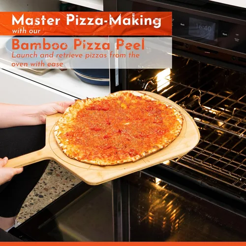 Miniatura 4 de Pizarra de madera de 16 pulgadas con tamaños grabados, tabla de cortar de pizza de bambú multiusos, cáscara de pizza de madera, espátula de pizza